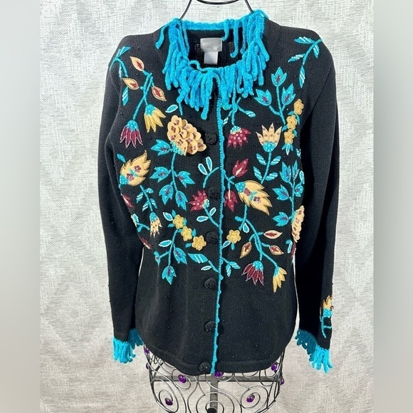 Vintage Berek beaded and embroidered floral button up cardigan size L - Picture 6 of 11